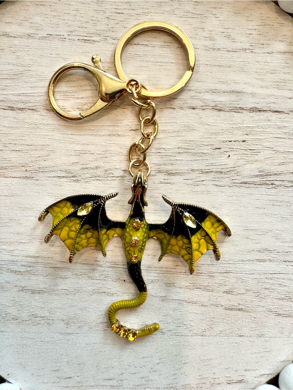 Enameled Dragon Keychain purse charm Yellow & Black  5” long